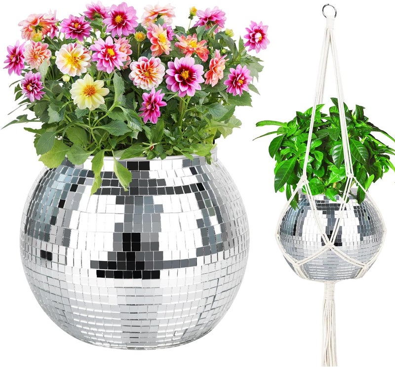 FGBNM Disco Ball Planter, 1pcs 9” Silver Disco Ball Planter, Disco Ball Plant Hanger with Hanging Rope, Hanging Chain, Hook, Circle and Extra Mirror Pieces - Image 1